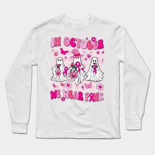 In October We Wear Pink Ghosts For Breast Cancer Women Groovy Long Sleeve T-Shirt